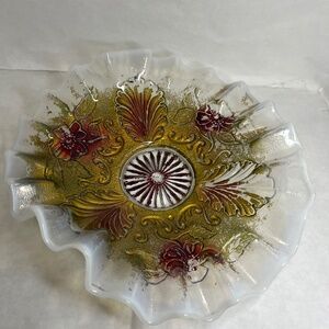 Antique Goofus Glass Bowl Opalescent Handkerchief Edgewhite Gold & Red 1910 RARE